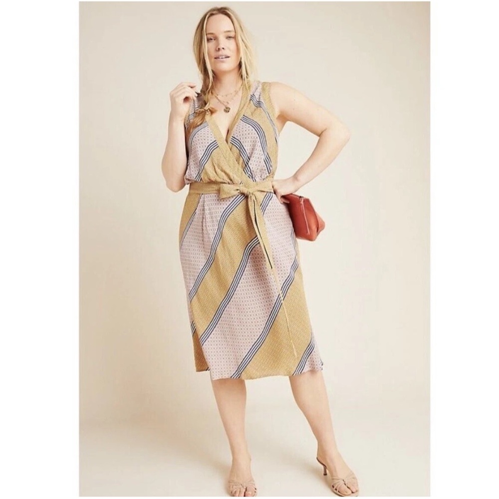 Anthropologie Taupe and Lilac Sleeveless Tie-Waist Midi Dress